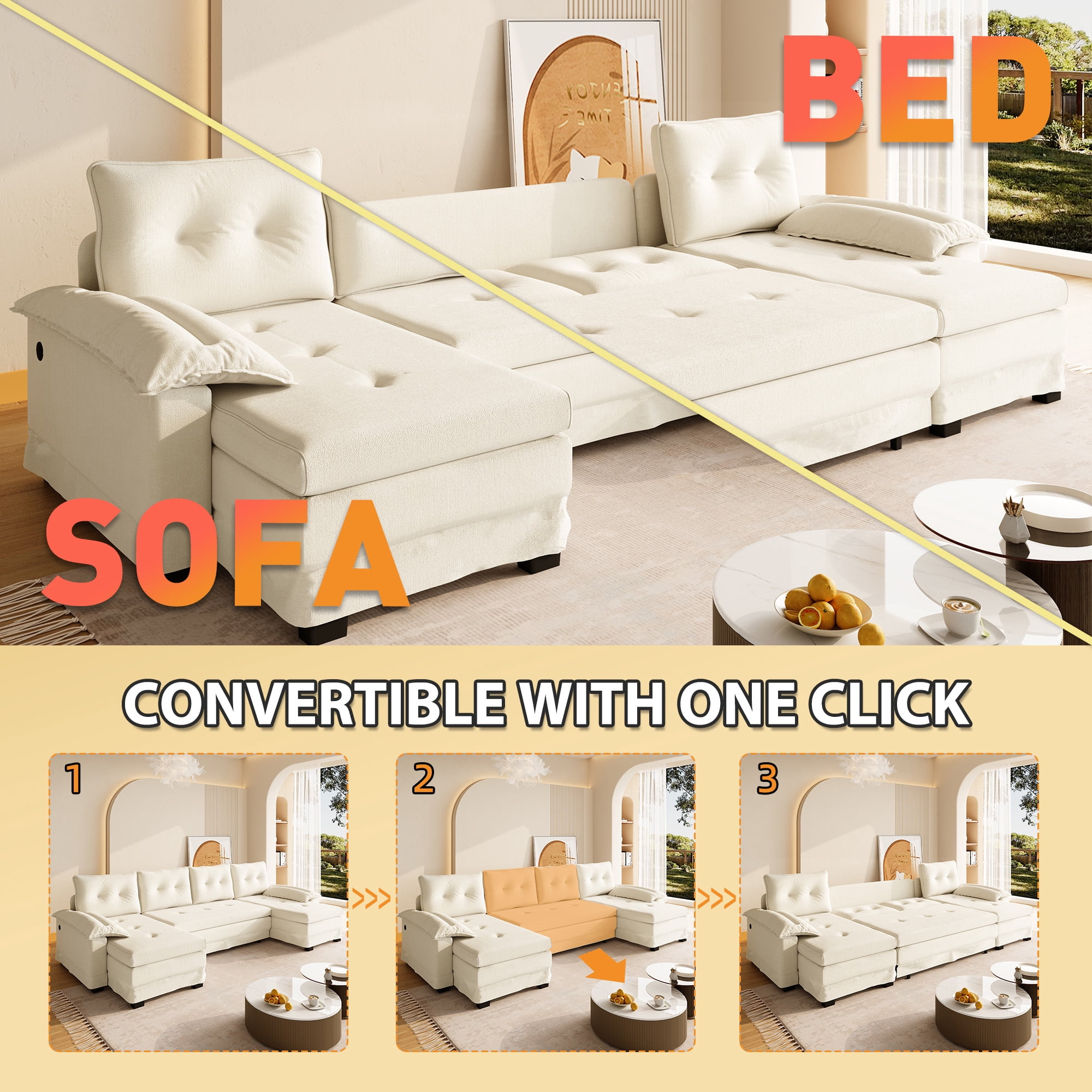 Howcool 110" U-Shaped Sleeper Sofa with Pull Out Bed, USB Ports and Dual Chaise Lounge