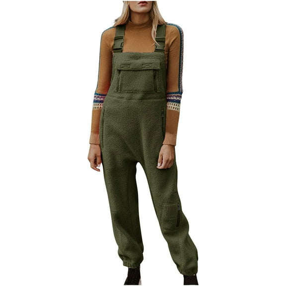 Women's Fleece Warm Overalls Winter Sleeveless Casual Snow Pants Adjustable Strap Bibs Jumpsuits with Pockets