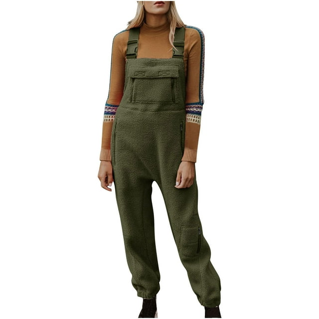Women's Cozy Fleece Overalls Winter Warmth with Zipper Pockets
