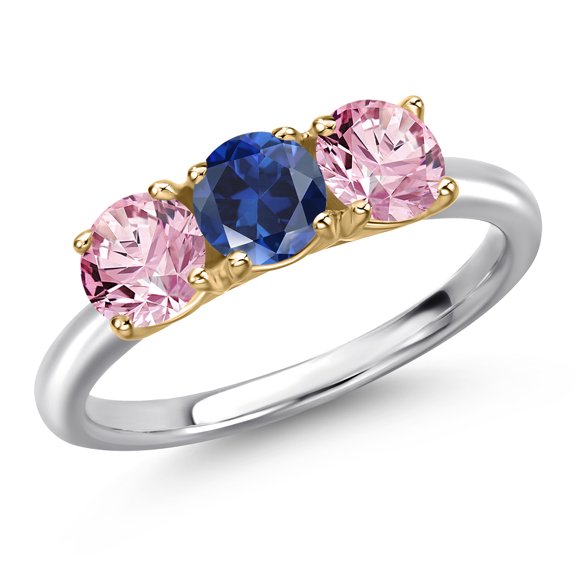 Gem Stone King 10K Two Tone Gold Blue Created Sapphire and Pink Lab Grown Diamond Engagement Ring for Women | 1.60 Cttw | Round 5MM | Gemstone September Birthstone | Size 8