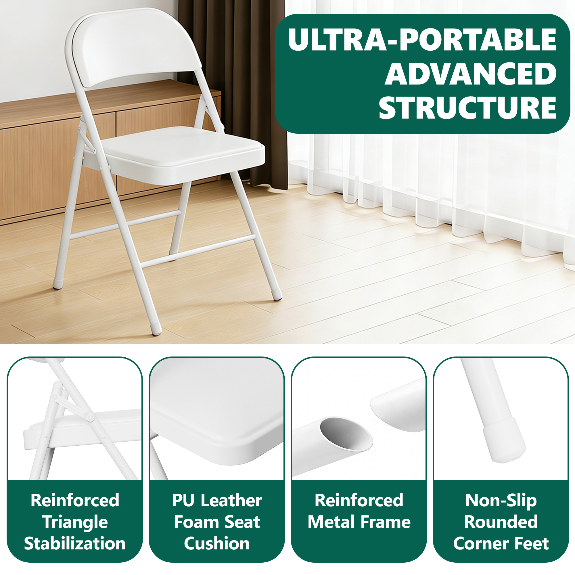 HaiCube 2-Pack PU Leather Folding Chair, White photo 4