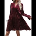 thumbnail image 2 of Vestido Babydoll Elegante de Terciopelo para Mujer, de Larga, Informal, con Escote en V, Corte A, Fluido, Formal, para Fiesta de Boda. Rojo Vino L, 2 of 8
