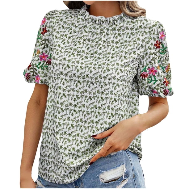 Blusas de Manga Corta para las Mujeres Imprimir Cuello de Pie Top Casual, Blusas para las Mujeres Casual