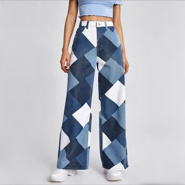WILLBEST Pantalones Mujer Pantalones Vaqueros Holgados de Mezclilla para Mujer Con Bolsillo Con Cremallera, Pantalones Casuales Estampados, Pantalones Elásticos Cómodos para Uso Diario Grande