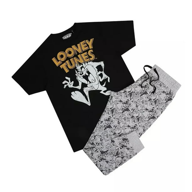 Looney Tunes - Set de Pijama Largo de Taz para Hombre (Negro, Gris, Blanco)