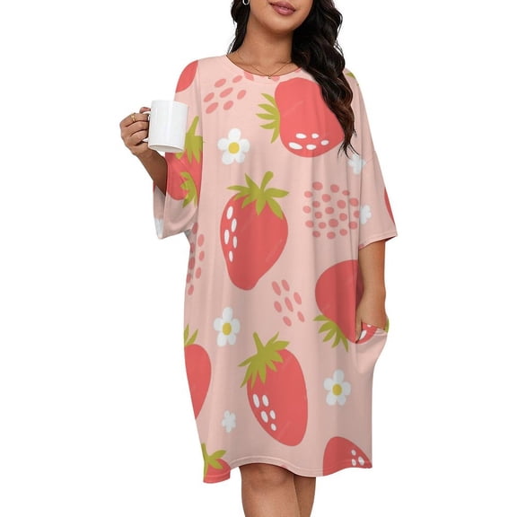 Strawberries Colorful Pink Red Green Sleepshirts For Sleeping Travels Loose Sleepdress Pajama Dress Soft Nightdress Sleepwear
