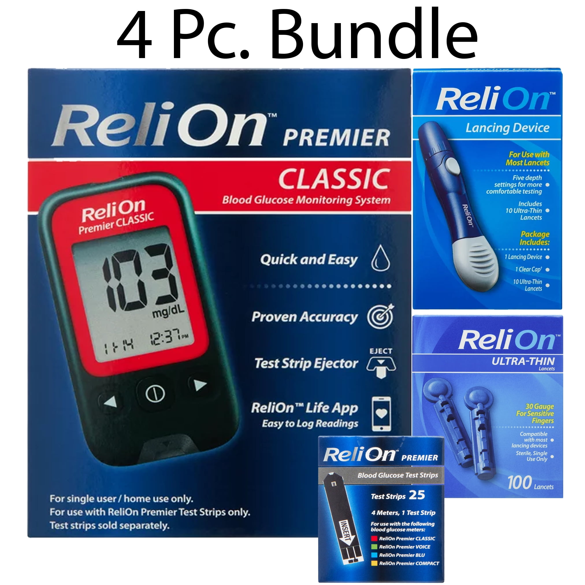 The ReliOn CLASSIC Premier Sugar Glucose Level Monitoring Kit 4 Pk
