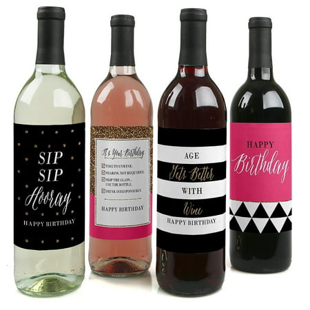 Chic Happy Birthday - Party Decorations for Women and Men - Wine Bottle Label Stickers - Set of