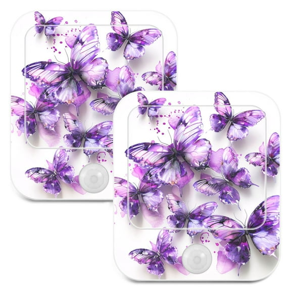 Purple Butterflies Watercolor Night Lights Plug into Wall LED with Auto Light Sensor Warm Light for Kids Hallway Bedroom Living Room Kitchen Bathroom Set of 2