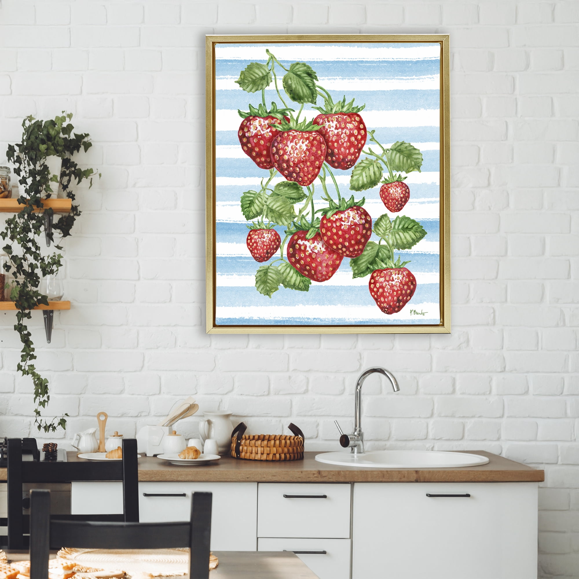 Stupell Industries Juicy Strawberry Vine on Stripes Gold Framed Floater Canvas Wall Art, design by Paul Brent