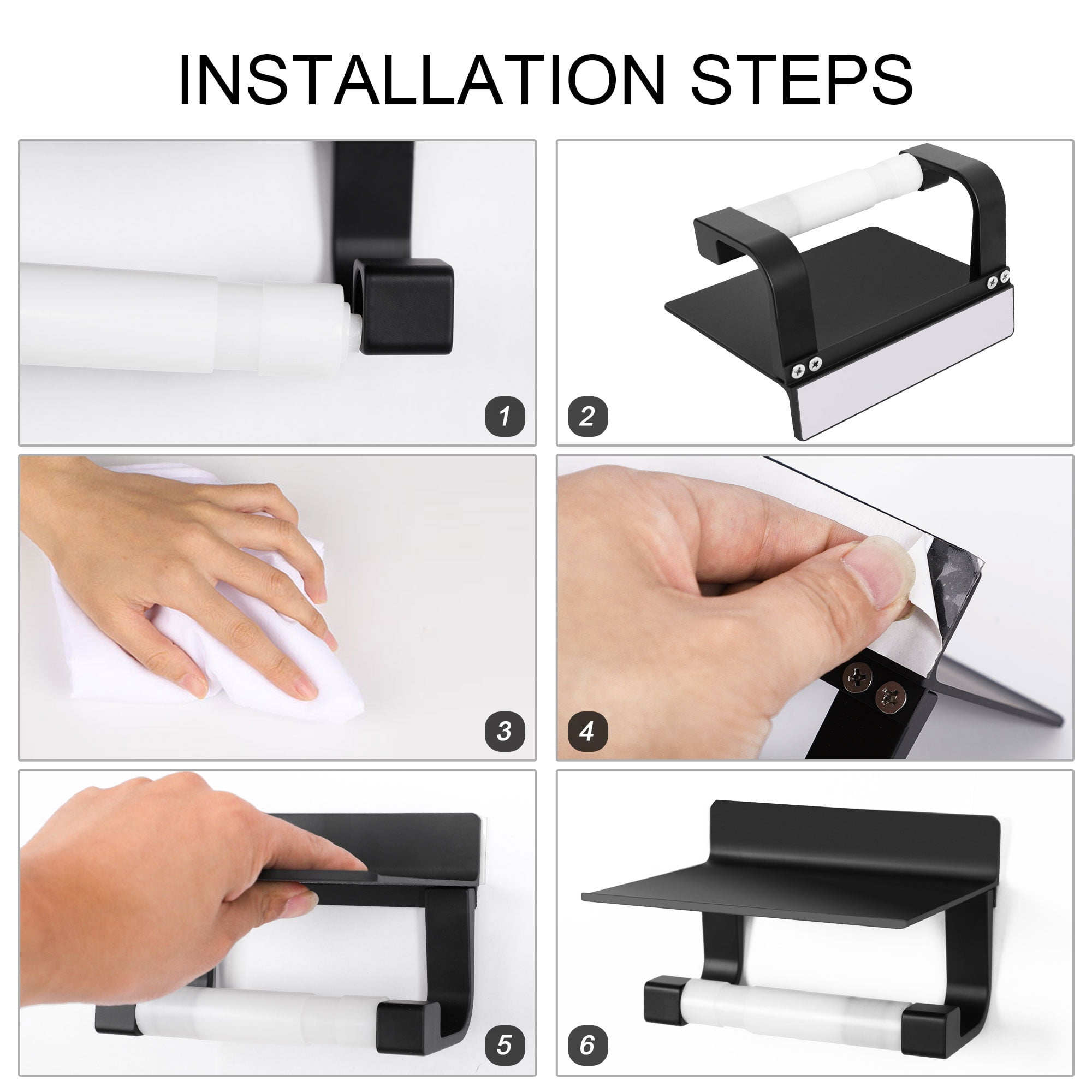Unique Bargains Toilet Paper Holder with Phone Shelf No Drilling Bathroom Tissue Holder Black