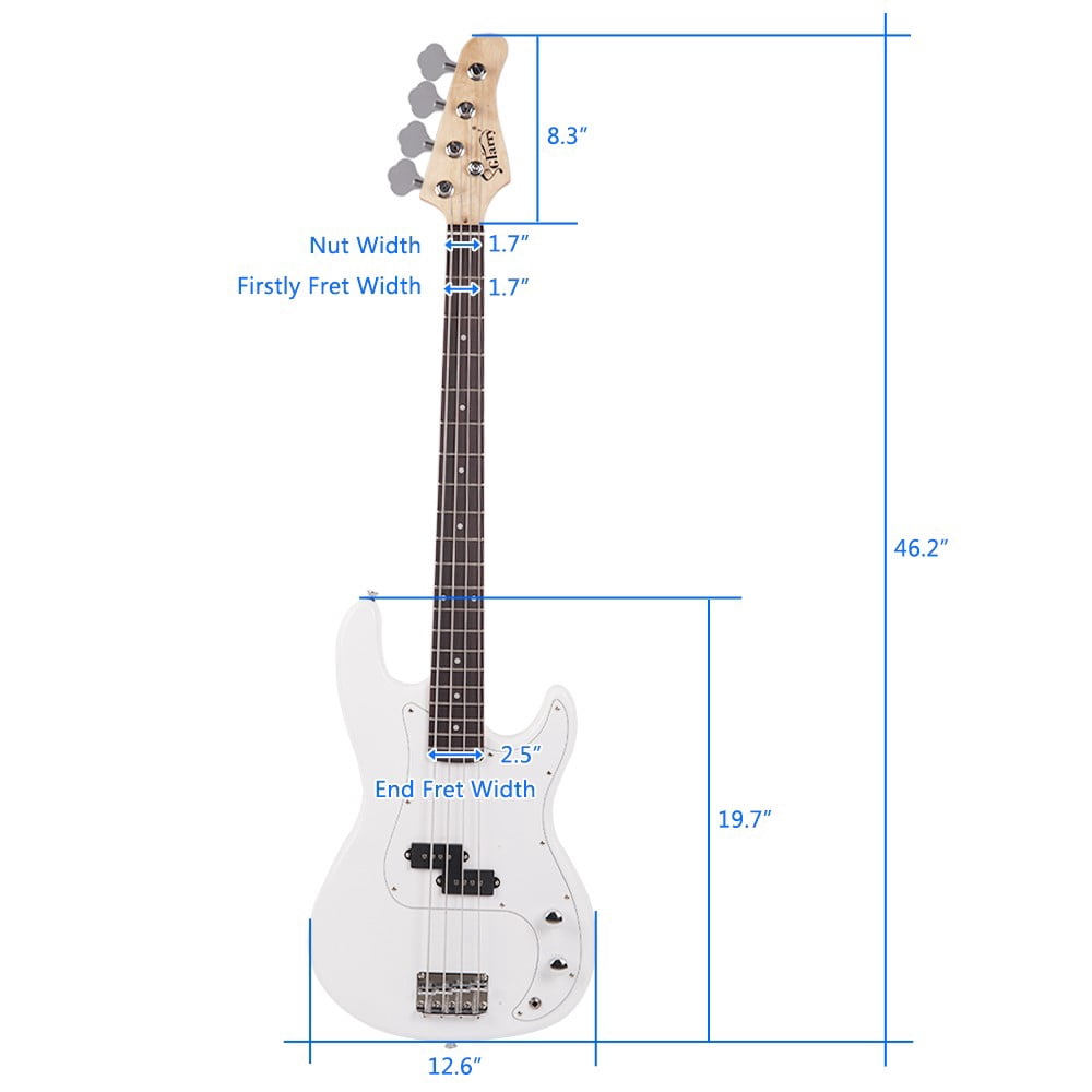 4 String Electric Bass Guitar, Split Single-Coil Pickup, Right Handed Design, with Gig Bag, Strap, Spanner Tool for Youths & Adults (White)