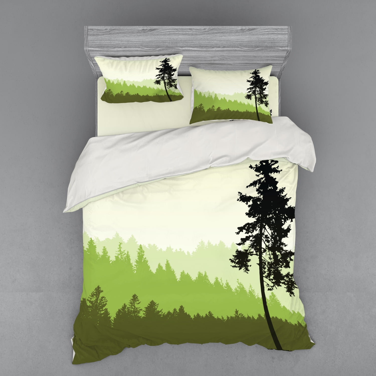 Nature Duvet Cover Set, Nature Theme Pine Tree Silhouette on an