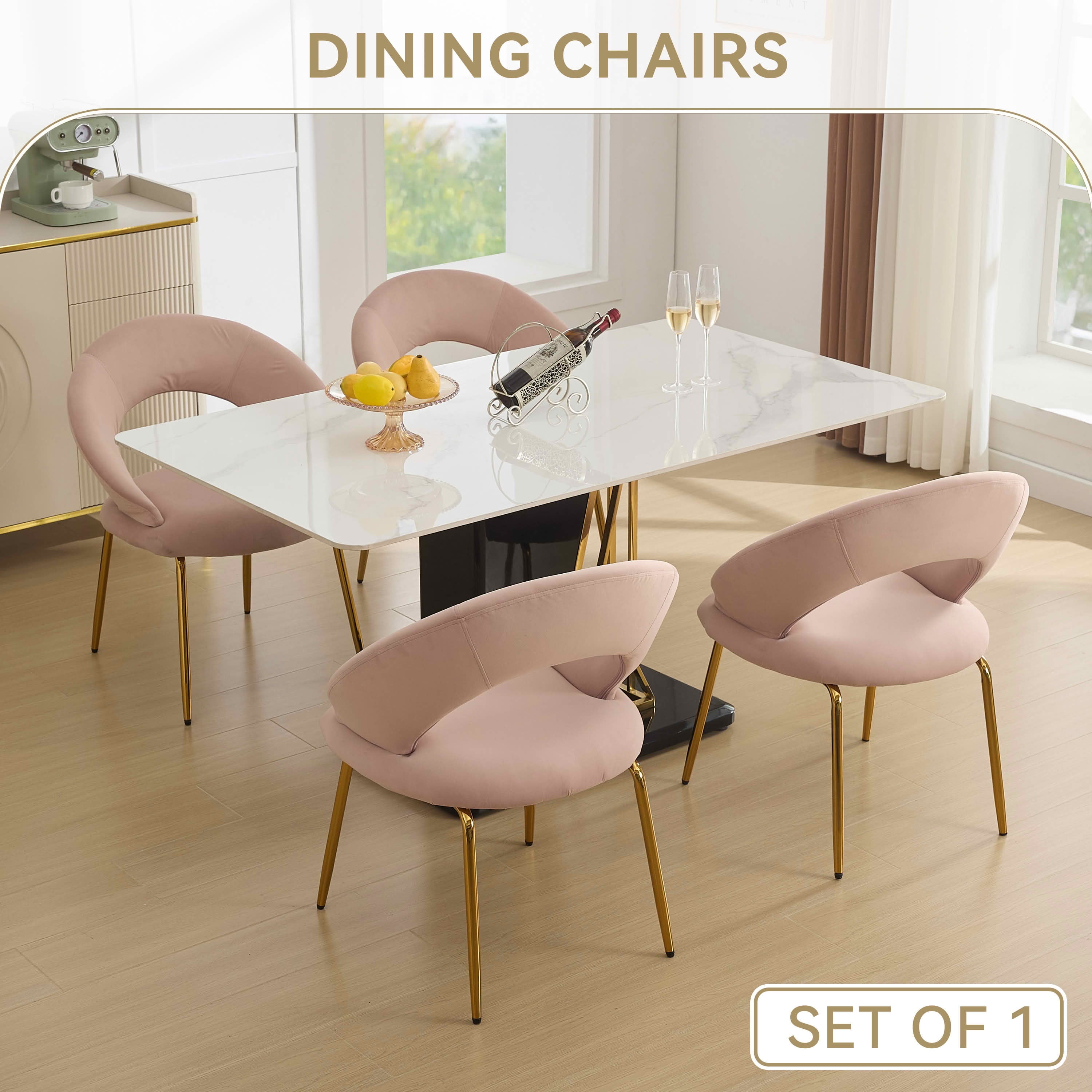 MAYEERTY Set of 1 Velvet Fabric Dining Chair, Curved Backrest & Golden Metal Legs, for Kitchen & Dining Room, Pink