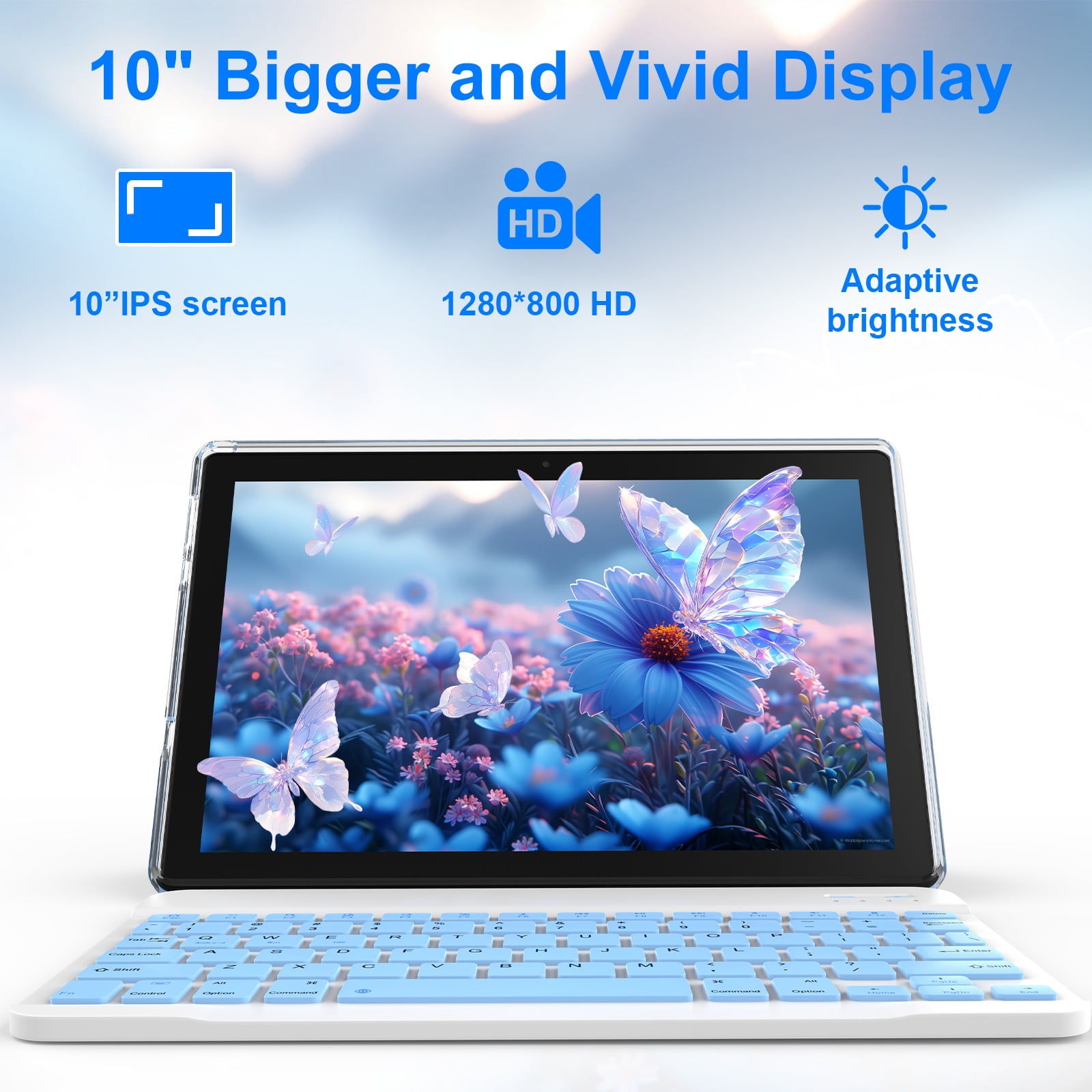 Android 15 Tablet, 10 inch 2 in 1 Tablets with Keyboard, 12GB RAM 64GB ROM 1TB Expand, Quad-Core 2.0Ghz CPU, 5G WiFi 6, BT5.0, 1280x800 HD Touchscreen, 6000mAh, Widevine L1, GMS Tablet, Blue