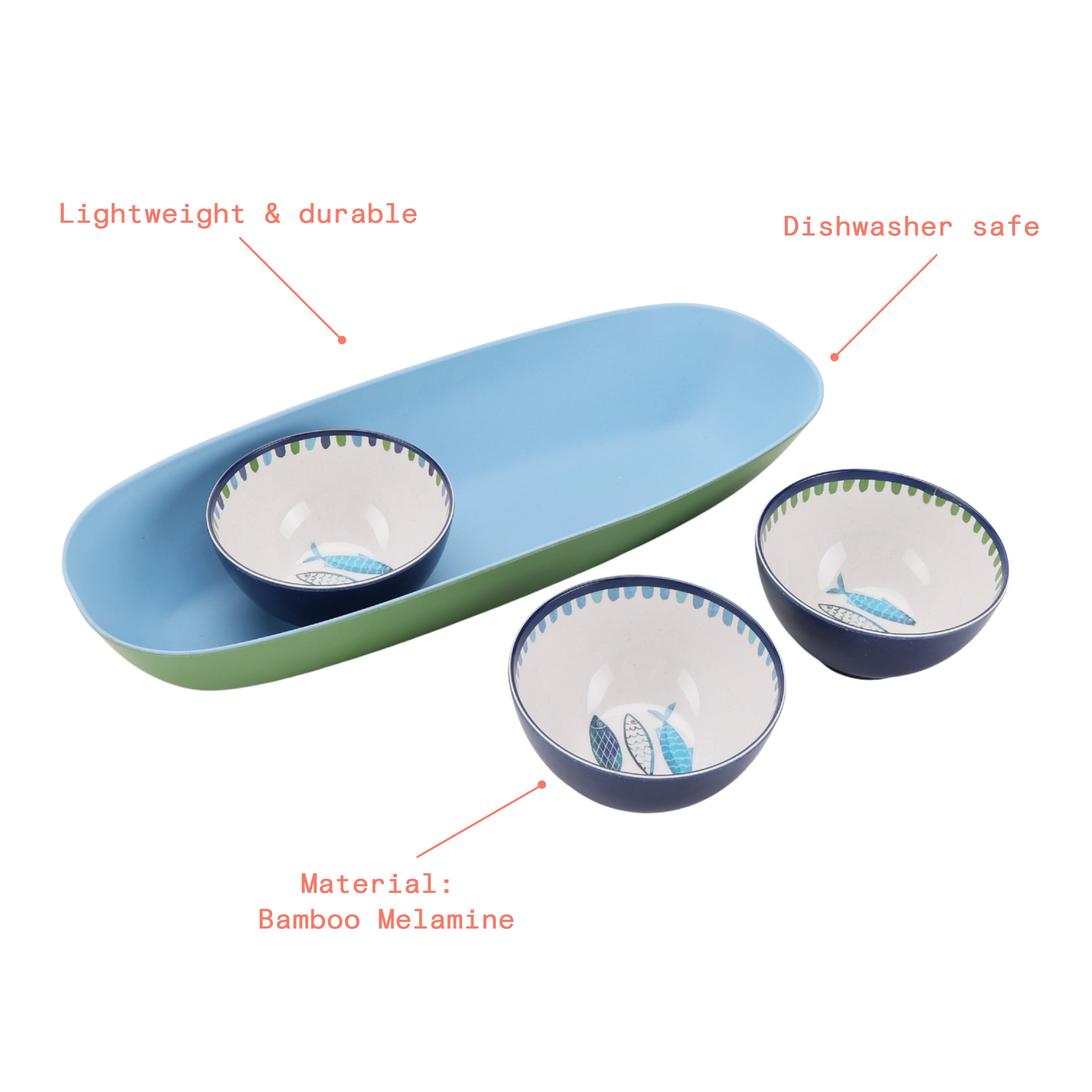 Beautiful 14.6 in x 6 in Bamboo Melamine Oval Serving Tray Set with 3 Sardine Dip Bowls, Multi-Color by Drew Barrymore