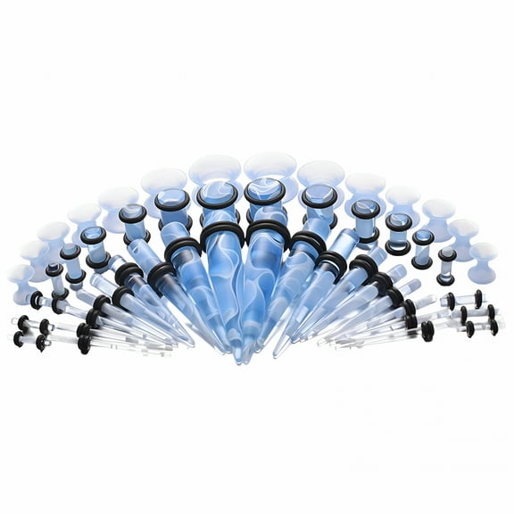 DESIGNICE 50Pcs Ear Stretching Kit Acrylic 14G-00G Ear Taper Kit and Silicone Tunnel Marble Pattern Gauges Taper Ear Piercing Kit Piercing Set Body Jewelry (Light Blue)