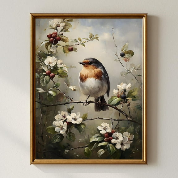 Bird Wall Art, Vintage Of Robin On Blossoming Branch, Rustic Country Cottage Spring Home Decor UNFRAMED Poster, Wall Art for Decor, Present, 8x12