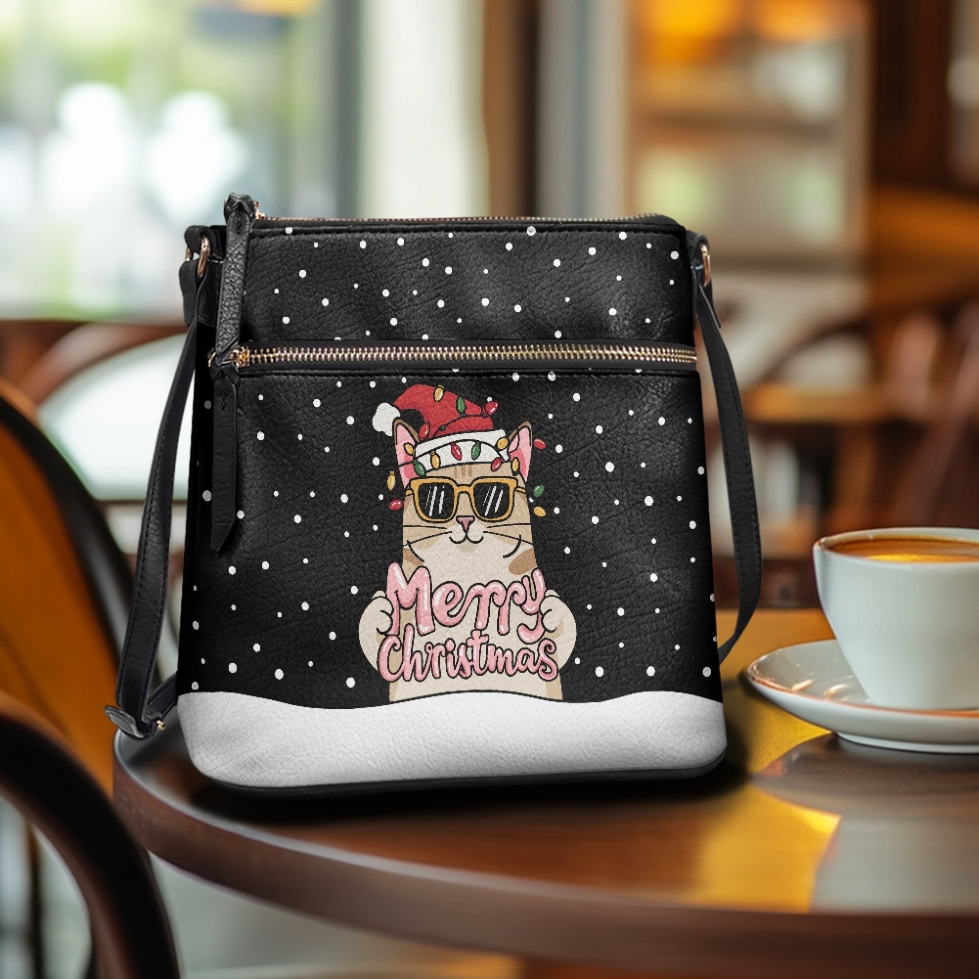 ZUXONGSY Christmas Cat Hat Lights Snowflake Print Shoulder Bag for Women PU Leather Crossbody Purse Trendy Satchel with Adjustable Wide Strap for Travel Shopping