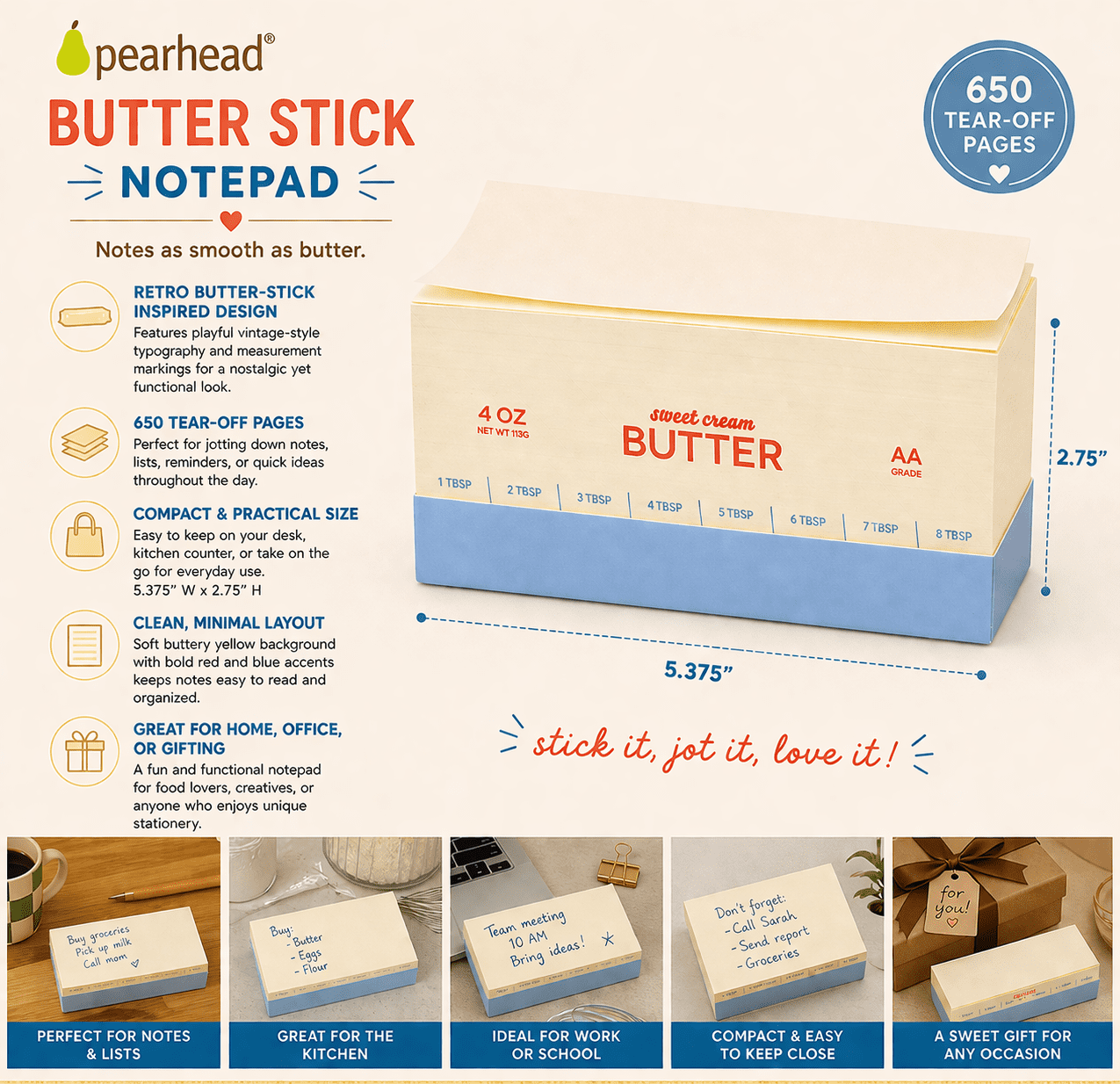 Pearhead Butter Stick Notepad, 5.38” x 2.75”, Yellow, 650 Sheets