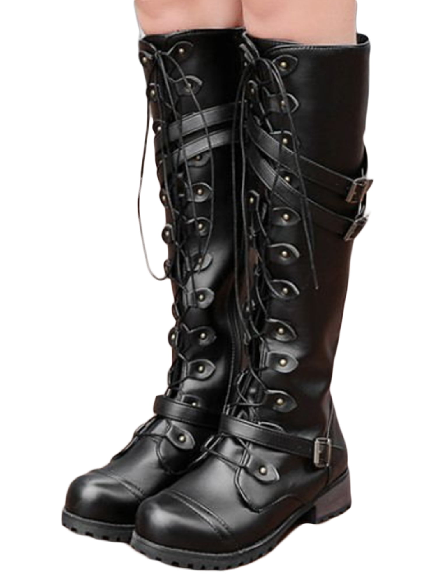 WOMENS LADIES MID HEEL WINTER LACE UP CALF KNEE HIGH RIDING SHOES BOOTS SIZE 