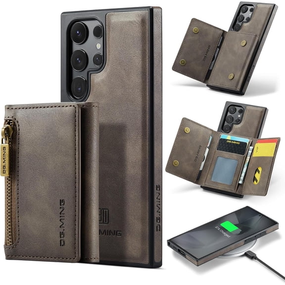 for Samsung Galaxy S23 Phone Protective Case, Magnetic Detachable Card Holder, Wireless Charging Back Cover, Soft Lining Outer Shell Compatible with Magsafe, Coin Purse with Stand Brown