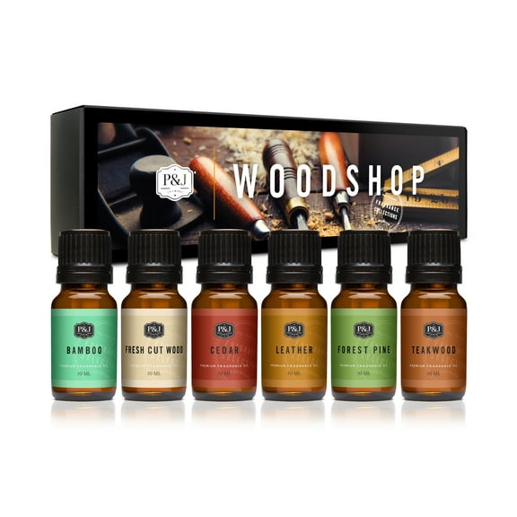 Woodshop Set of 6 Fragrance Oils - Premium Grade Scented Oil - 10ml - Forest Pine, Fresh Cut Wood, Leather, Teakwood, Bamboo, Cedar