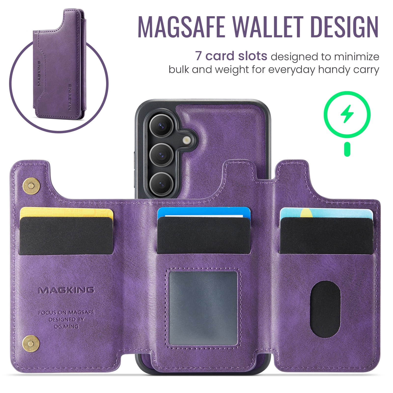 Designed for Samsung Galaxy S25+ Wallet Phone Case,Magnetic Detachable Flip Card Holder,Back Flip Kickstand,Compatible with Mag-Safe,2-in-1 PU Leather Heavy Duty Shockproof Phone Case,Purple
