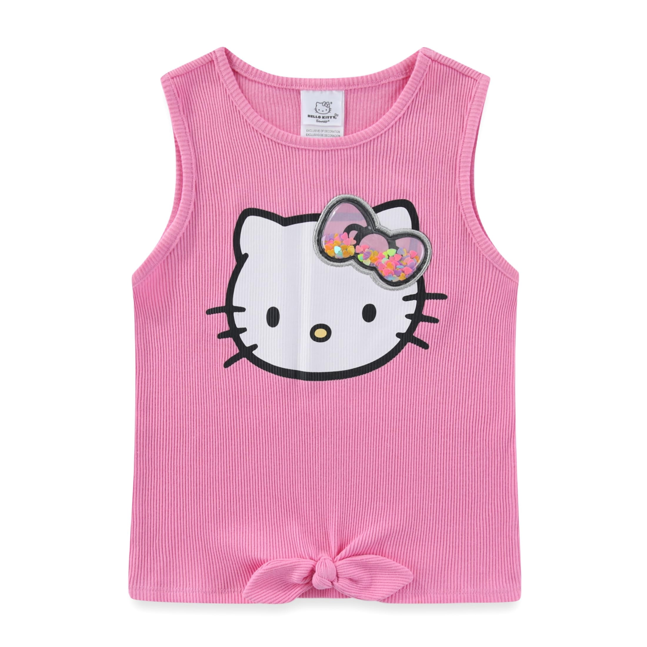 Hello Kitty Sanrio French Terry Short Sleeve T-Shirt Tank Top and Short Set (Girls), 3 Piece Set, Sizes 5-12