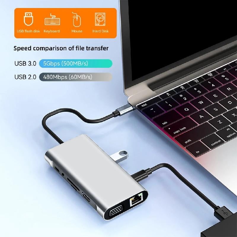 BQBQERT Aluminum Alloy 11 Port USB C Docking Station Supports 4K HDTV Fast Data Transfer 100W Charging For Laptop