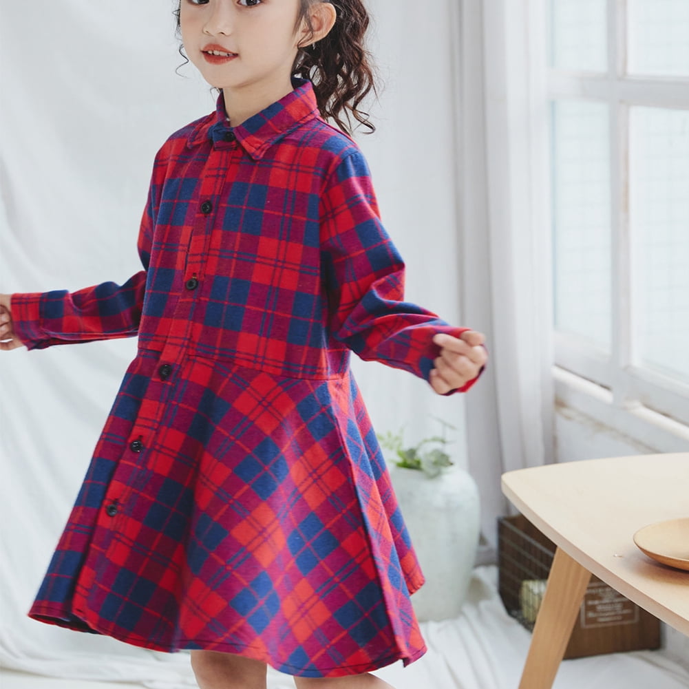 LYMAYTER 3-11T Toddler Kids Girls Plaid Dress Spring Fall Long Sleeve Button down Shirts Dresses Lapel Plaid Flannel Shirt Dress