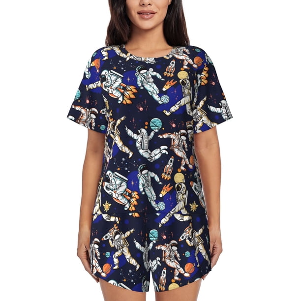 Fotbe Astronauts in sport Conjunto de Pijama Estampado para Mujer, 2 Piezas, Ropa de Dormir con Camiseta de Manga Corta y Shorts Suaves-Small