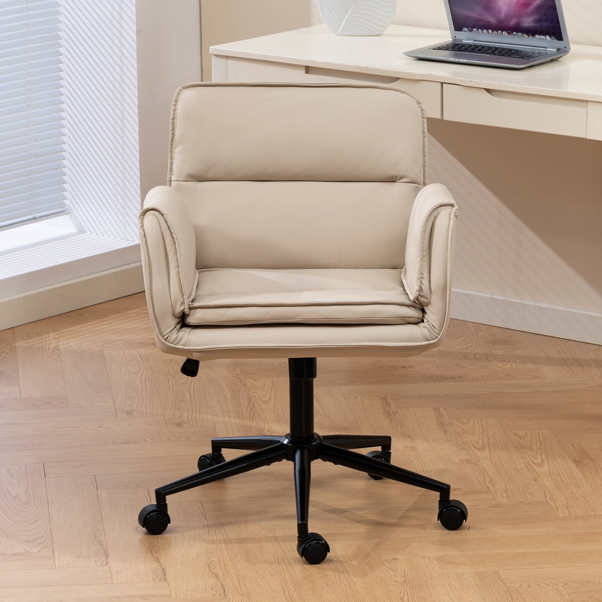 Jopath Criss Cross Chair with 5-Gear Adjustable Armrests and Wheels, Ergonomic Thickened Backrest Swivel Desk Chair for Home Office Vanity Bedroom and Living Room Beige PU
