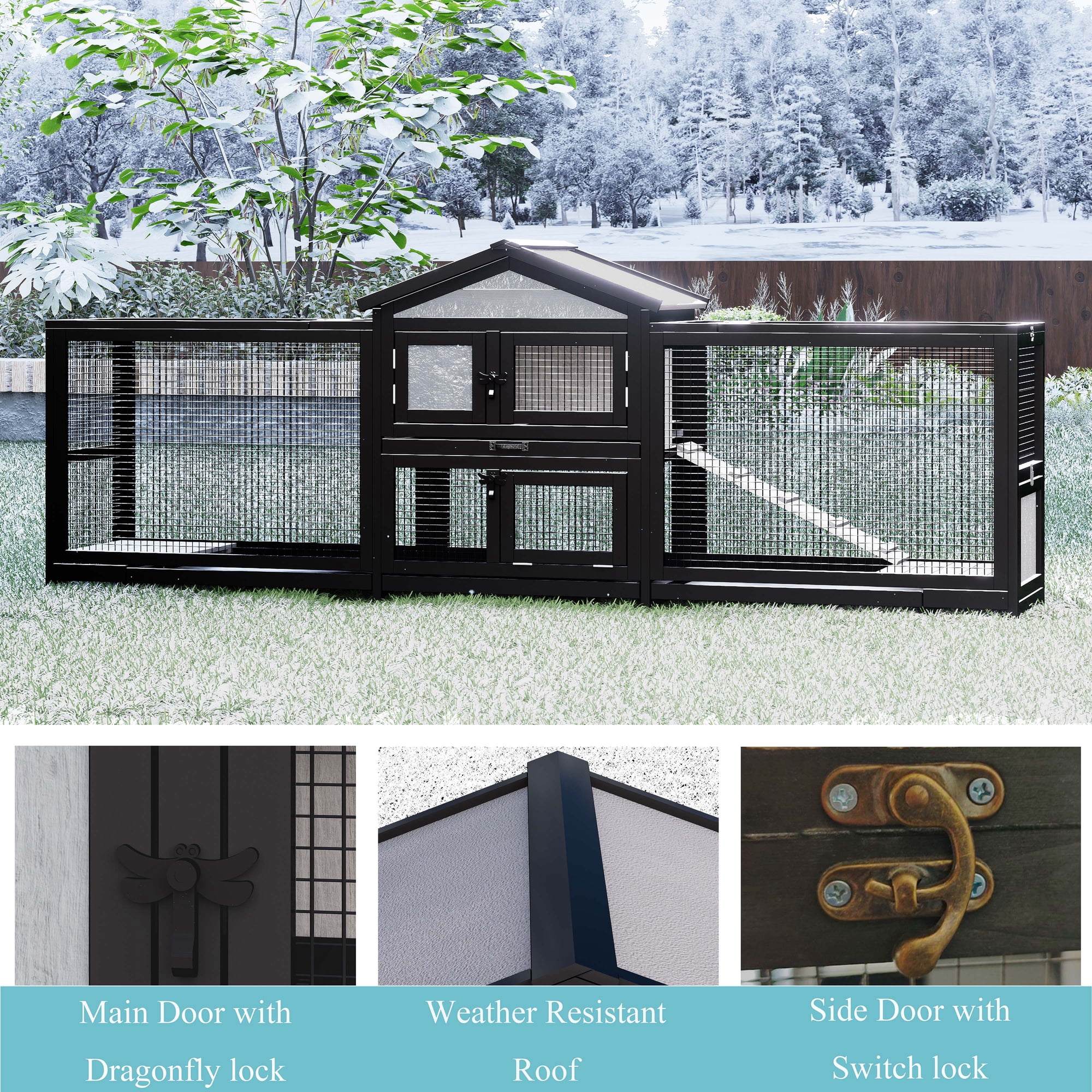 Large Wooden Rabbit Cage Small Animal Cage Indoor Outdoor Pet Cage (large) With Removable Tray And Wire Mesh Bedding Area 2Running Cages Sturdy And Durable ,Spacious And Pracctical.Black