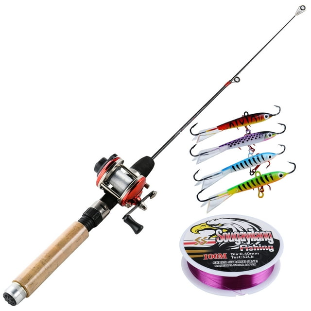 Sougayilang 26in Winter Ice Fishing Rod and Mini Trolling Reel Combos - with Fishing Line Lures