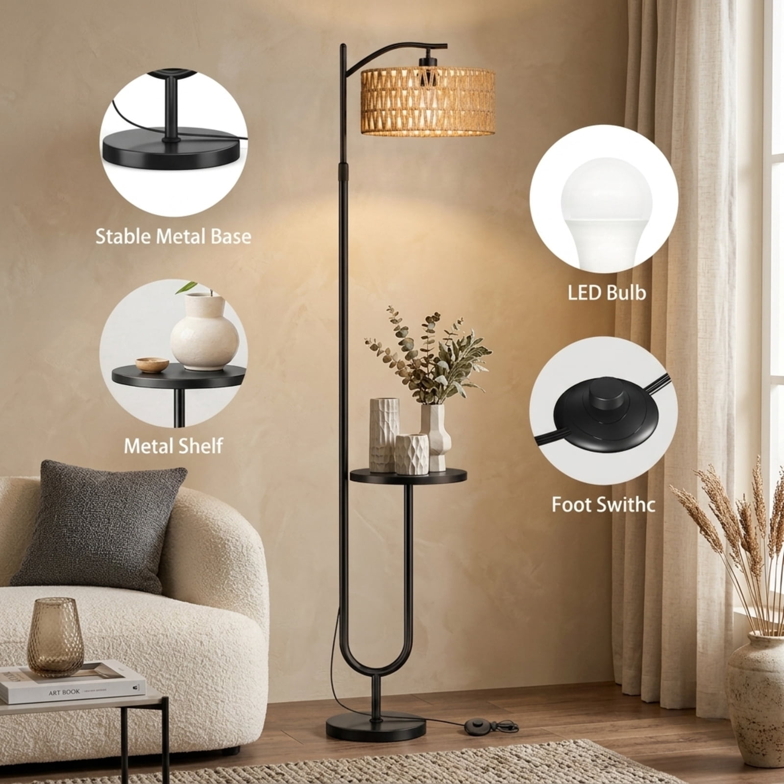 Fenbeli Modern Floor Lamp with Adjustable Head, Remote Control and Dimmable LED Bulb, Black for Living Room, Bedroom and Home Office