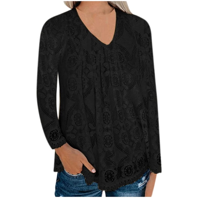 Blusa delgada de manga larga con cuello en V y empalme de encaje de Color sólido a la moda para mujer Pompotops gfhjh11895