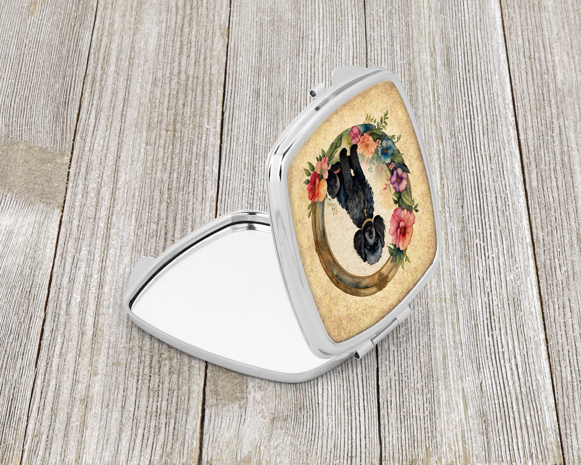 Black Poodle and Flowers Compact Mirror 2.75 in x 3 in