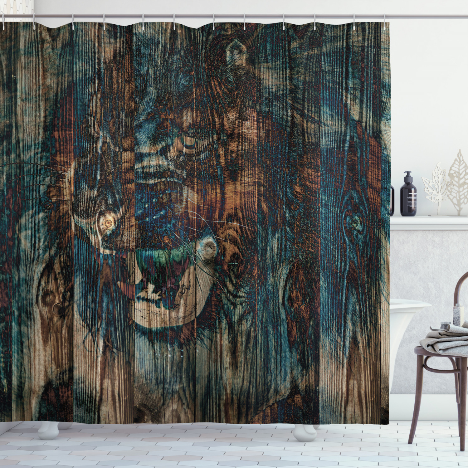 Safari Shower Curtain, Wild African Animal Big Cat Lion Carved on