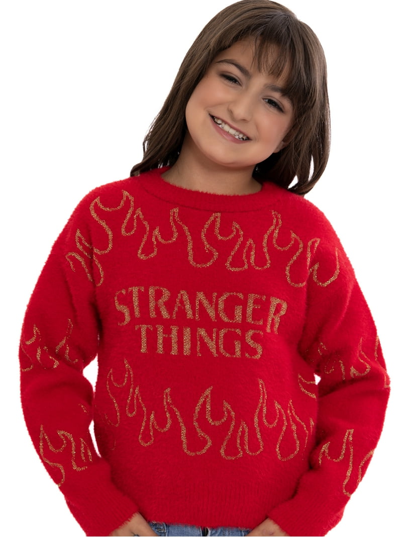 Stranger Things Girls Graphic Eyelash Knit Glitter Sweater, Sizes