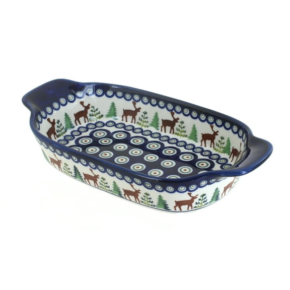 Blue Rose Polish Pottery Reindeer Pine Rectangular Serving Dish