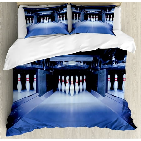 London Themed Duvet Covers Bowling Party Duvet Cover Set, Symmetrical Bowling Pins on an Empty Alley Hobby Fun Challenge Theme, Decorative Bedding Set with Pillow Shams, Blue White Red, by Ambesonne ()