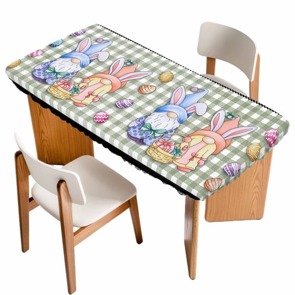 Bunny Gnomes Easter Table Cloths for 3 Foot Rectangle Tables, Eggs Sage Green Checkered Farmhouse Patio Waterproof Elastic Fitted Tablecloths, Washable Rectangular Table Cover for Camping