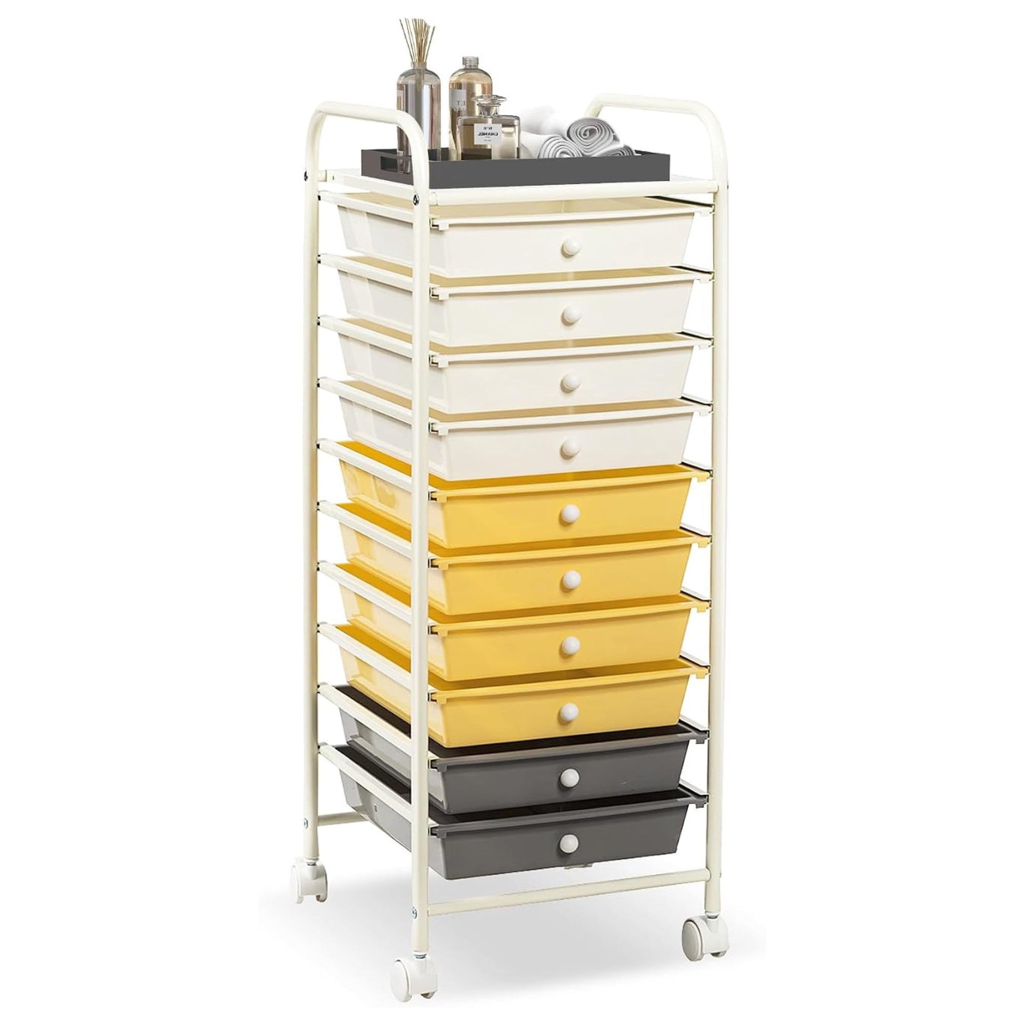 10-Drawer Rolling Storage Cart Rolling Storage Cart Storage Organizer on Wheels Metal Frame Scrapbook Paper Tools Suitable for Office School Classroom (Yellow 10 Drawer)