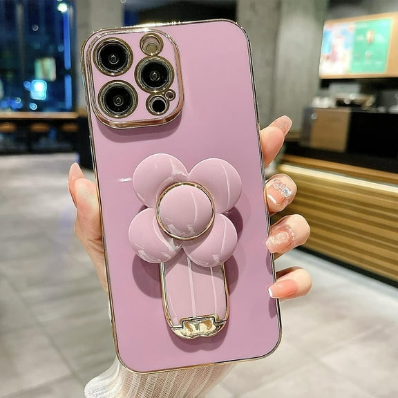 for iPhone 12 Pro Max Case Luxury Plating Hidden Stand Case Cover, Cute Rotatable Flower Windmill Kickstand for Women Girls with Camera Protector Soft TPU Shockproof Bumper 6.7 inch - Purple