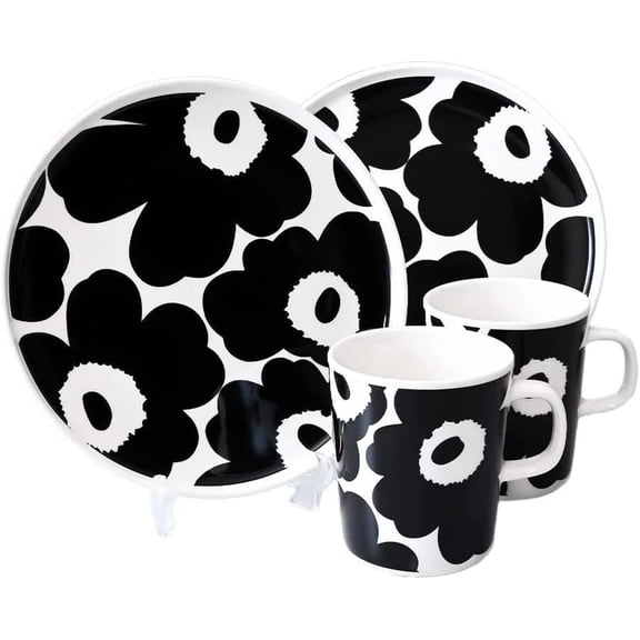Marimekko - Oiva Unikko Breakfast Set Black & White  2 Mugs & 2 Plates Stoneware Coffee Mugs & Salad Plates 4-Pc