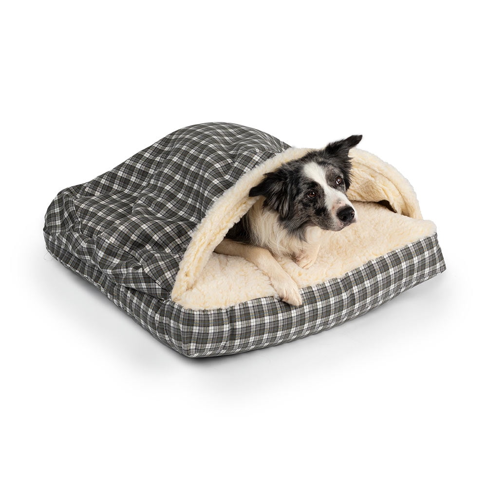 Snoozer Cozy Cave Square Pet Bed, Small, Gray Plaid, Hooded Nesting Dog