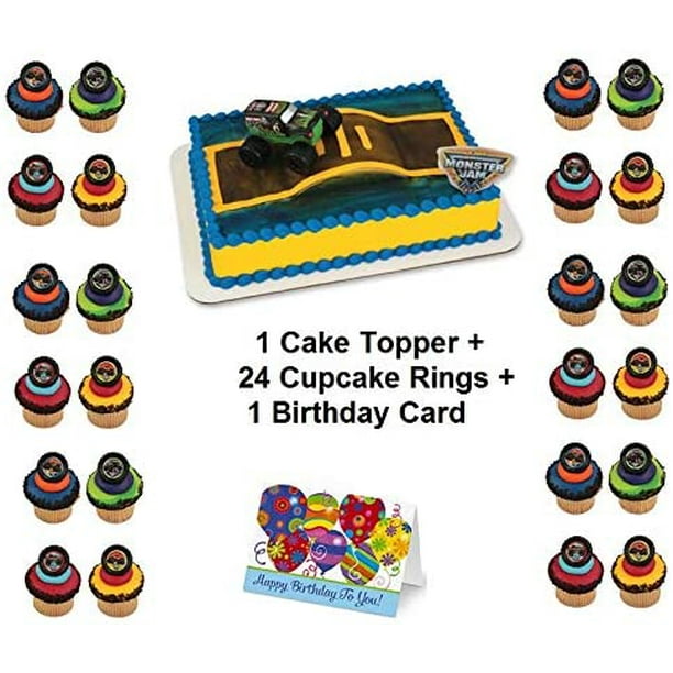 Monster Jam Trucks Cake Topper Set Cupcake 24 Pieces Plus Birthday Card Walmart Com