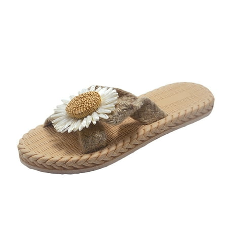 

Pgeraug womens slippers Spring And Summer Imitation Straw Woven Women Flat Sandals And Flip Flops Beach Slippers mens slippers Gray 37