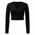thumbnail image 7 of Women's Cropped Long - Sleeve V - Neck Knit Top for Casual Wear,Black,Z1 Black, 7 of 7